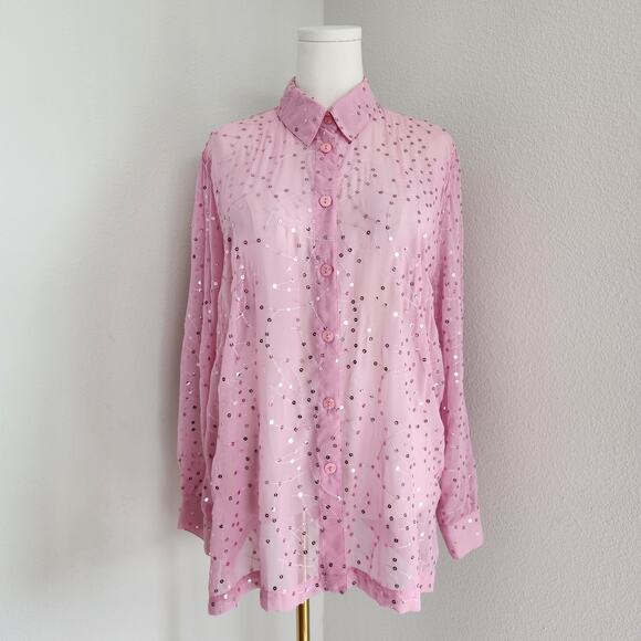 American Vintage Tops - Vintage Draper's & Damon's Pink Sequin Sheer Button Up Blouse XL